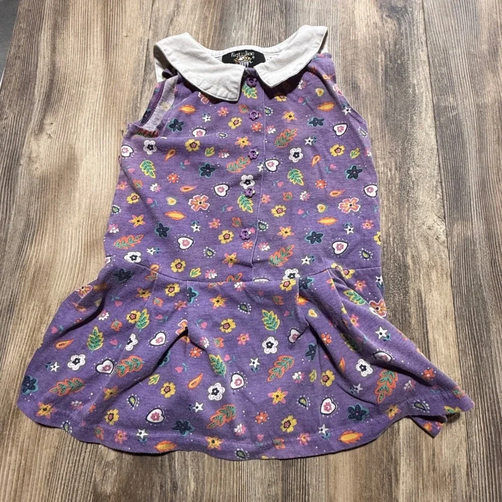 Vintage First In Line Girls Purple Floral Drop Waist Dress Peter Pan Collar 4/5